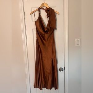 Classy, backless, halter satin dress with slit. 🔥